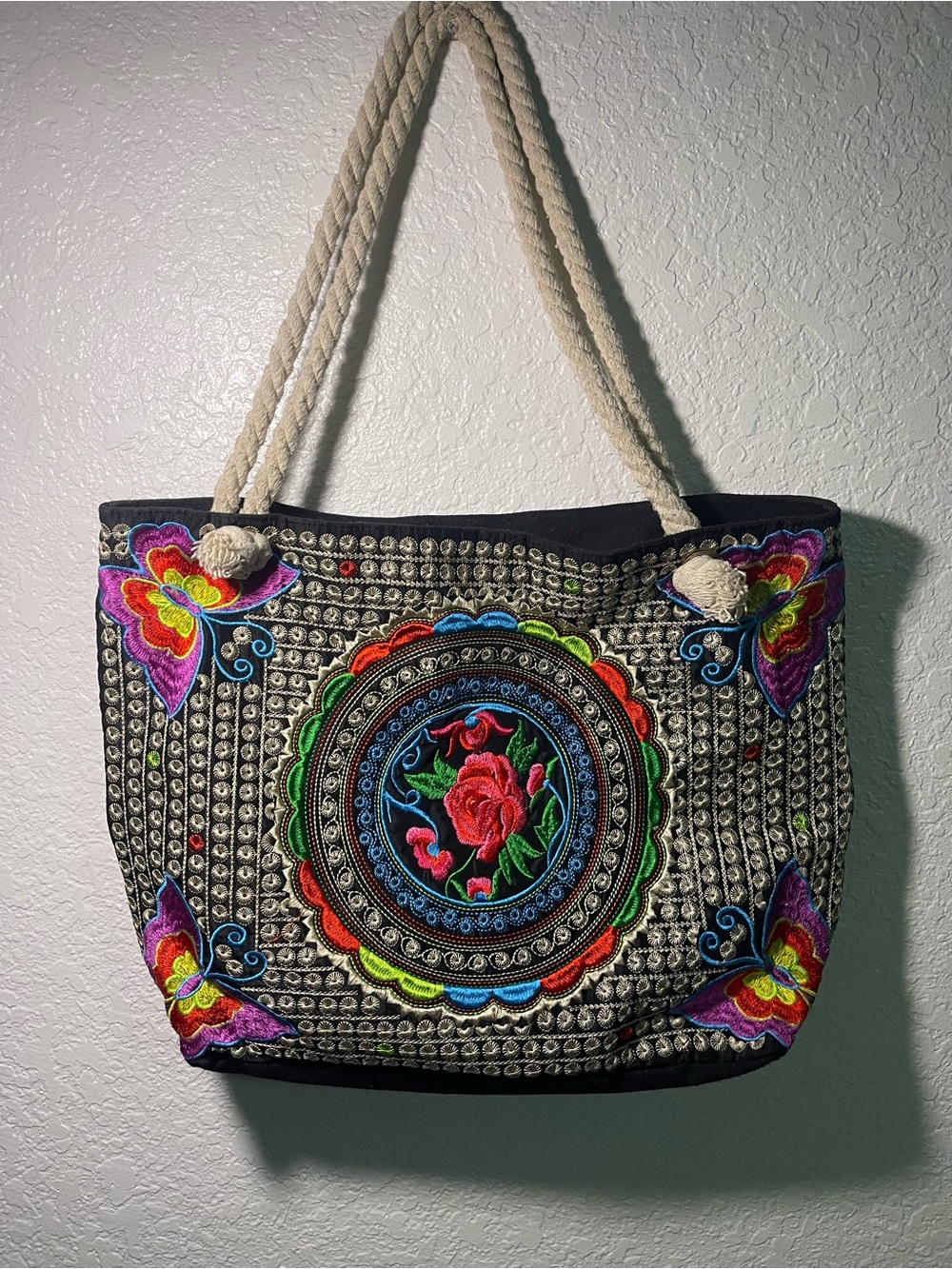Boho Embroidered Tote Bag with Floral Medallion - Black Multicolor